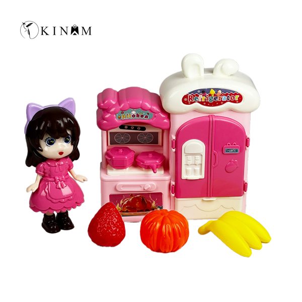 multicolour toy kitchen set with fridge and fruits for kids