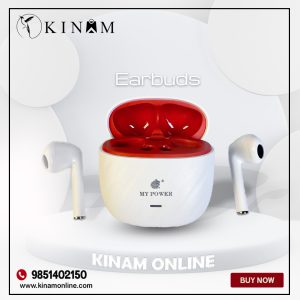 MyPower MT-120 TWS Earbuds front view red and white Kinam Online Pvt. Ltd.