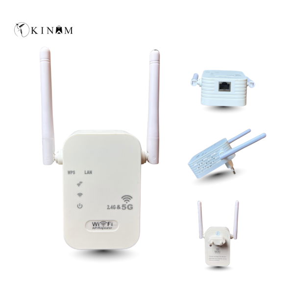 AC1200 Wi-Fi range extender showing front, back, side, and bottom views in one frame.